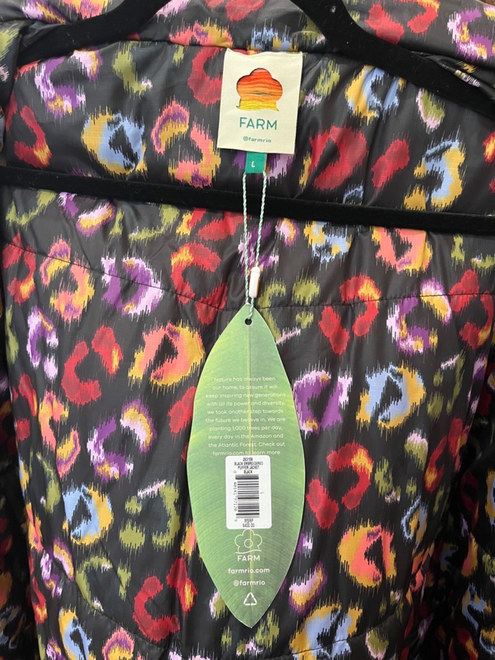 FARM Rio Black Velvet Puffer Jacket with Multicolor Leopard Lining - Picture 2 of 6